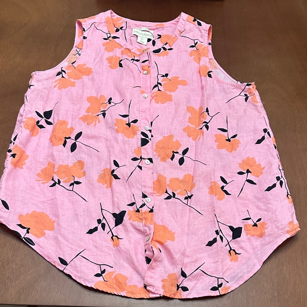 Cynthia Rowley Pink & Orange Floral 100% Linen Button Down Sleeveless Shirt